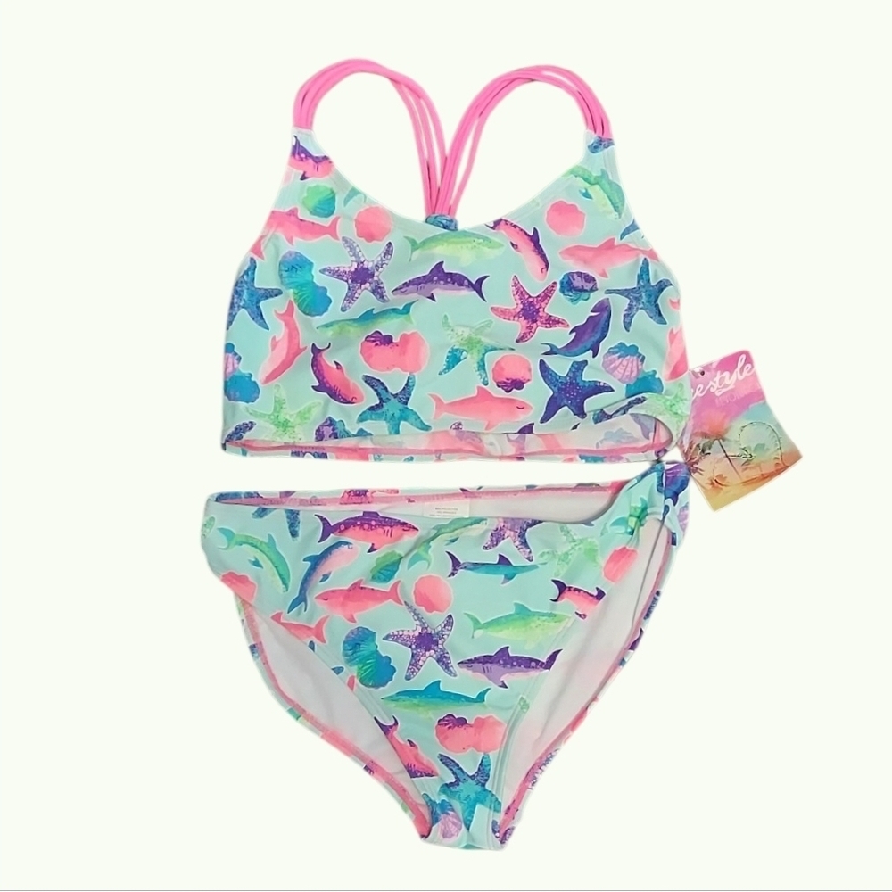 NWT Freestyle Kids Bikini with Sea Life Print - Pink and Sea Green size 14